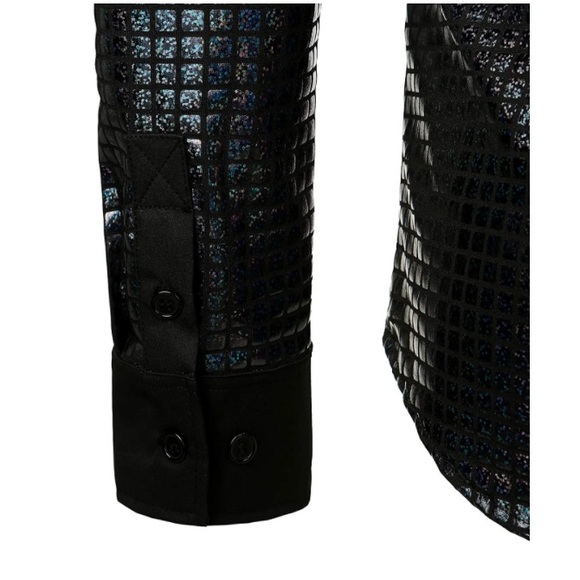 Black Shiny Sequins Long Sleeve Button Down Shirt - Picture 6 of 7